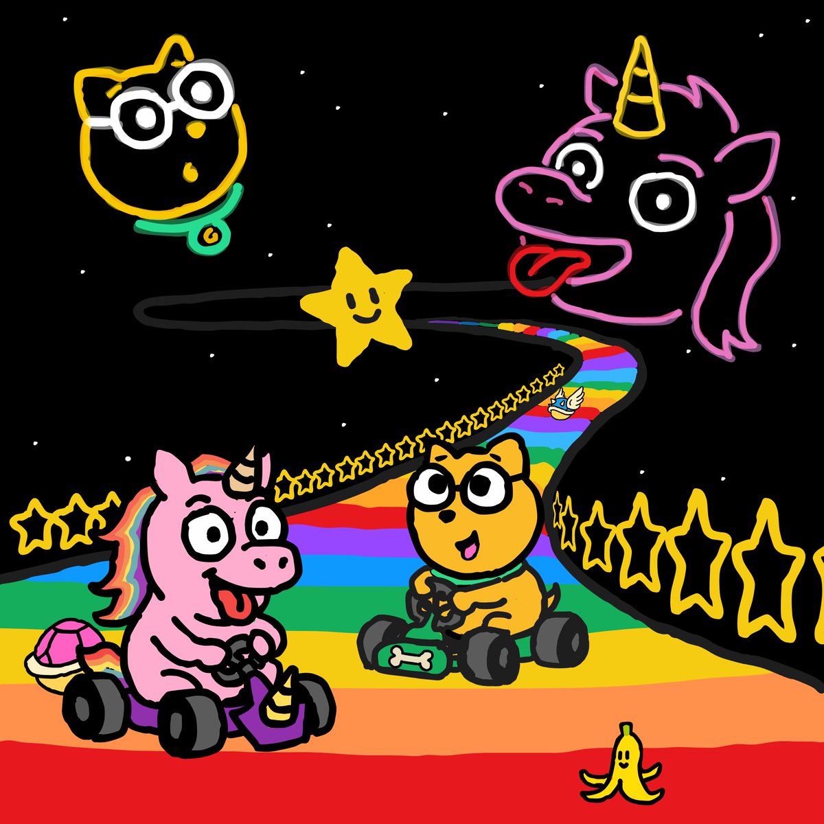 racing wiht <a href="/AlfaTheUnicorn/">Alfa The Abstract Unicorn</a> on rianbow raod. so mnay banananas