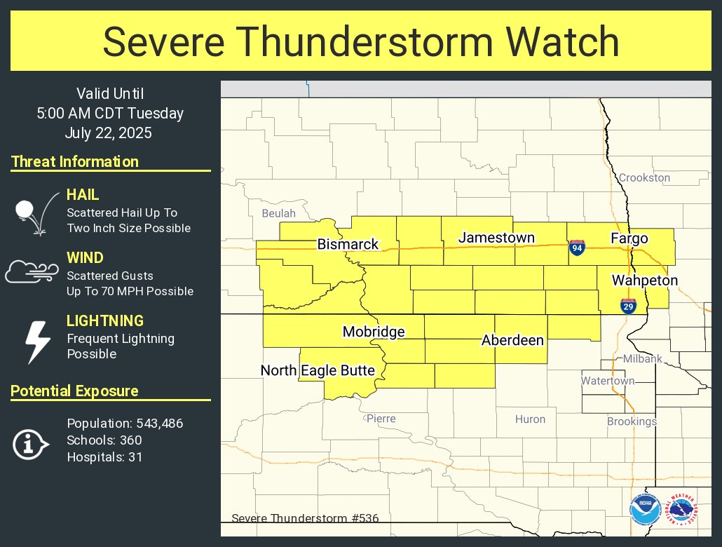 NWSBismarck's tweet image. A severe thunderstorm watch has been issued for parts of Minnesota, North Dakota and South Dakota until 5 AM CDT
