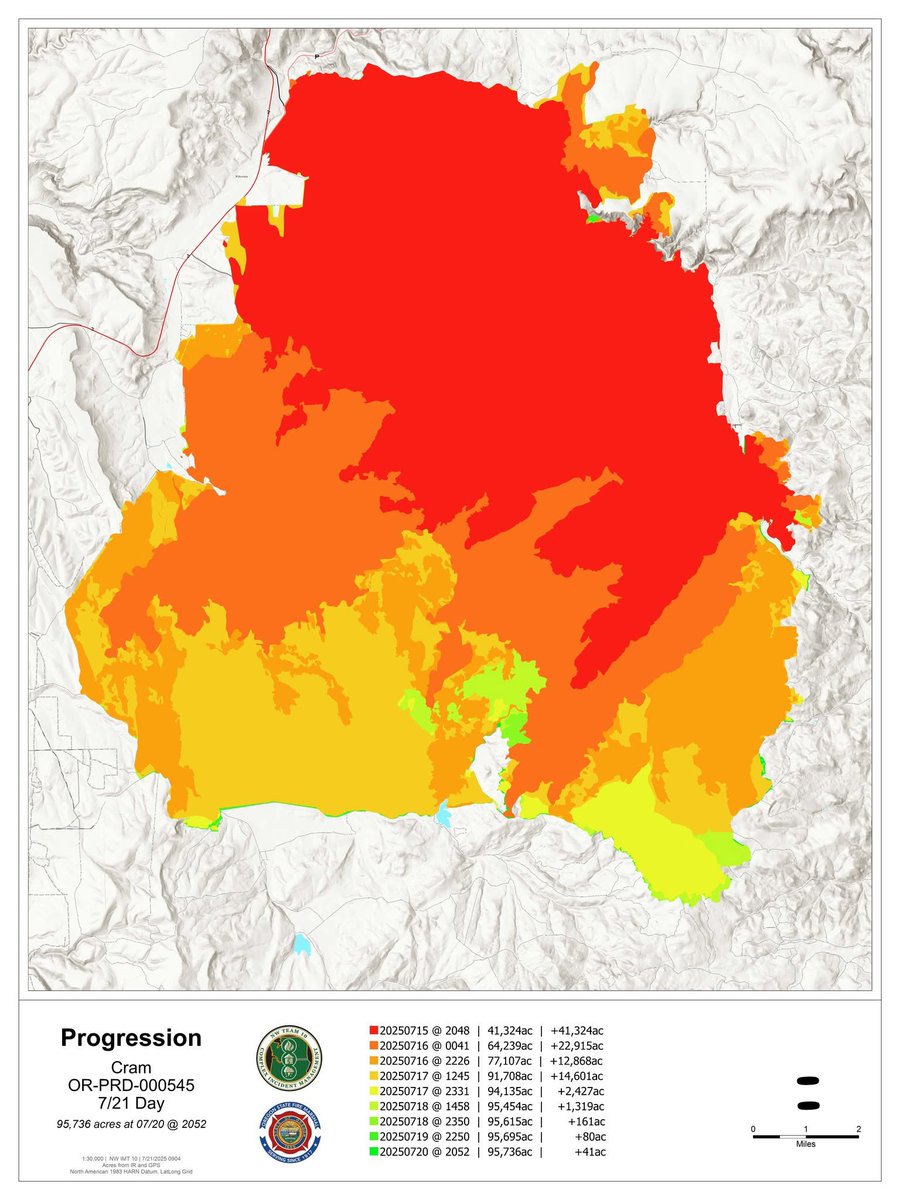 CentralORFire's tweet image. #CramFire July 21 Evening Snapshot
This fire progression map shows how the fire has spread since ignition. Each color band represents a different day’s growth.
