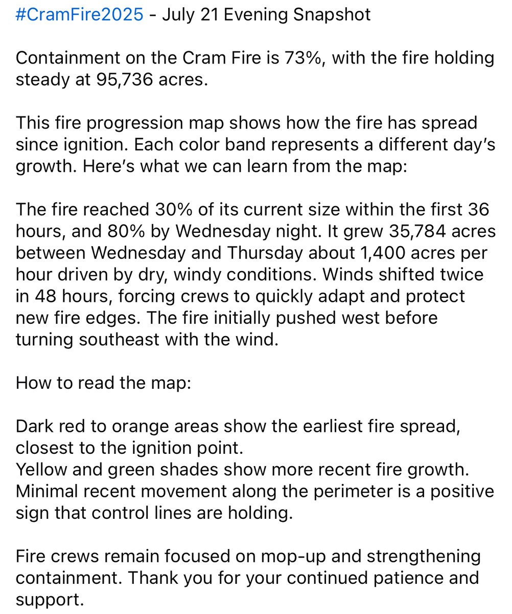 CentralORFire's tweet image. #CramFire July 21 Evening Snapshot
This fire progression map shows how the fire has spread since ignition. Each color band represents a different day’s growth.