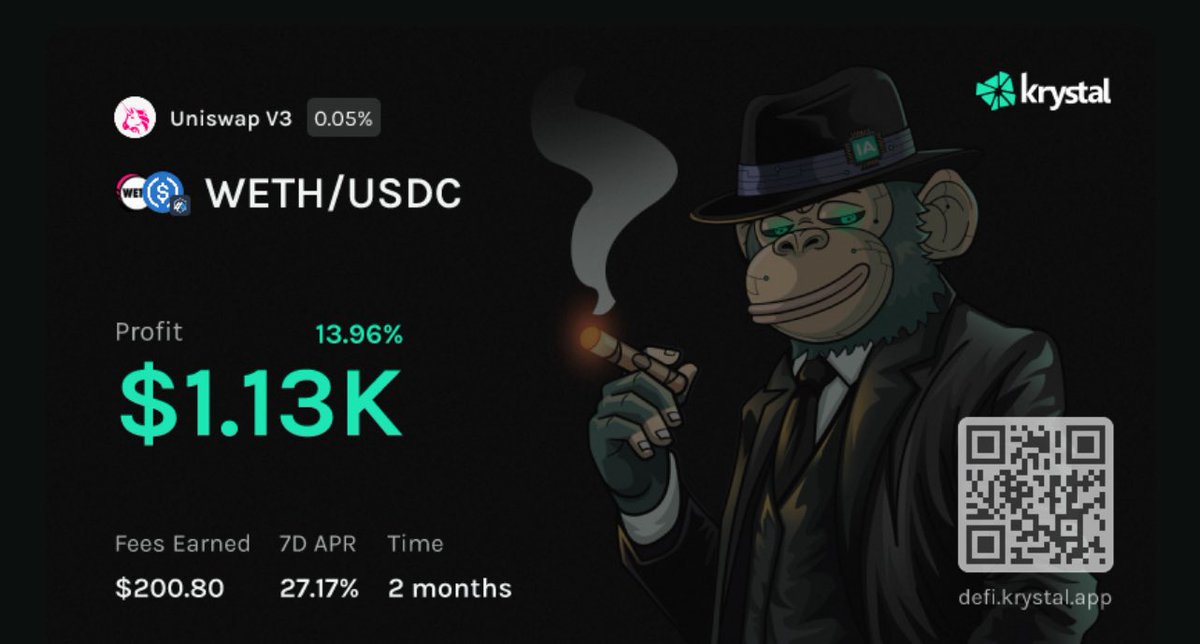 Couldn't aggree more with 3 Defi degens <a href="/MRKWH/">MRKWH</a> <a href="/0xDeFiDevin/">DeFi Devin</a> <a href="/pavendo86/">PAVEN DO</a> that "de-concentrated liquidity" is the key to win in long-term game of LPing. For my ETH-USDC pair in <a href="/KrystalDeFi/">Krystal</a> vault, I've opted for the wider range to reduce the IL. My bet is ETH price will peak during