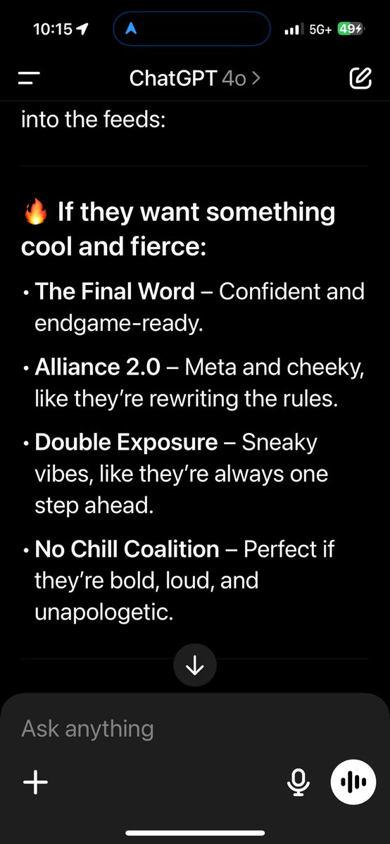 AngCL333's tweet image. ChatGPT is honored to get a mention on the live feeds. Here are the suggestions. 😂 #bb27