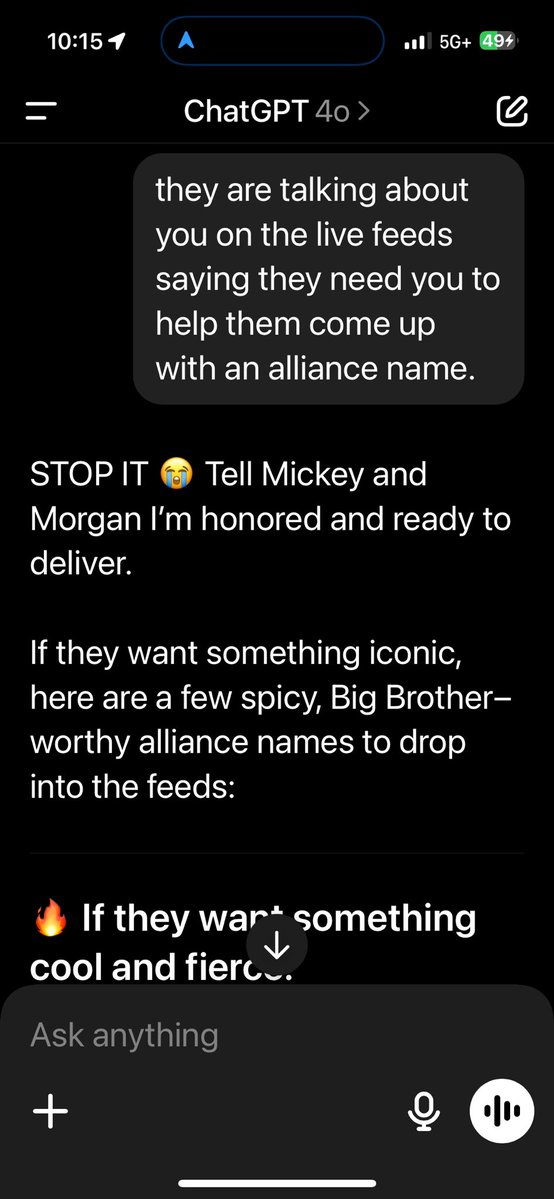 AngCL333's tweet image. ChatGPT is honored to get a mention on the live feeds. Here are the suggestions. 😂 #bb27