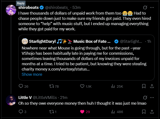 fabulouslyalone's tweet photo. oh man so vshojo owes everyone money.

not just the charities, not just the talents. every creator who's worked with them are still waiting for their payments.

vshojo in the fucking red https://t.co/3A4CMUZQqu