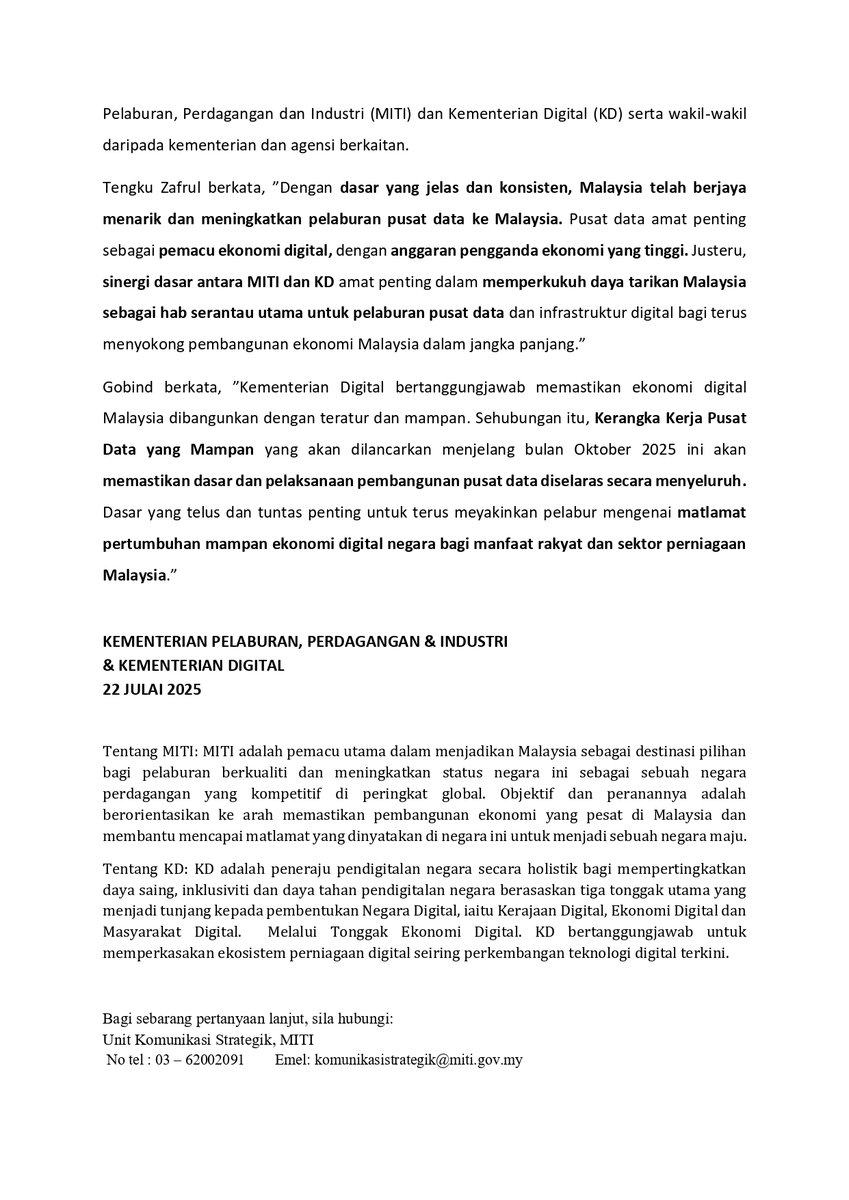 BernamaTV's tweet image. Industri Pusat Data: Kerangka kerja mampan menjelang Oktober 2025; MIDA sebagai agensi utama bagi kelulusan pelaburan berkaitan pusat data.

#digitalbernamatv
#pusatdata
#MIDA
#MITI