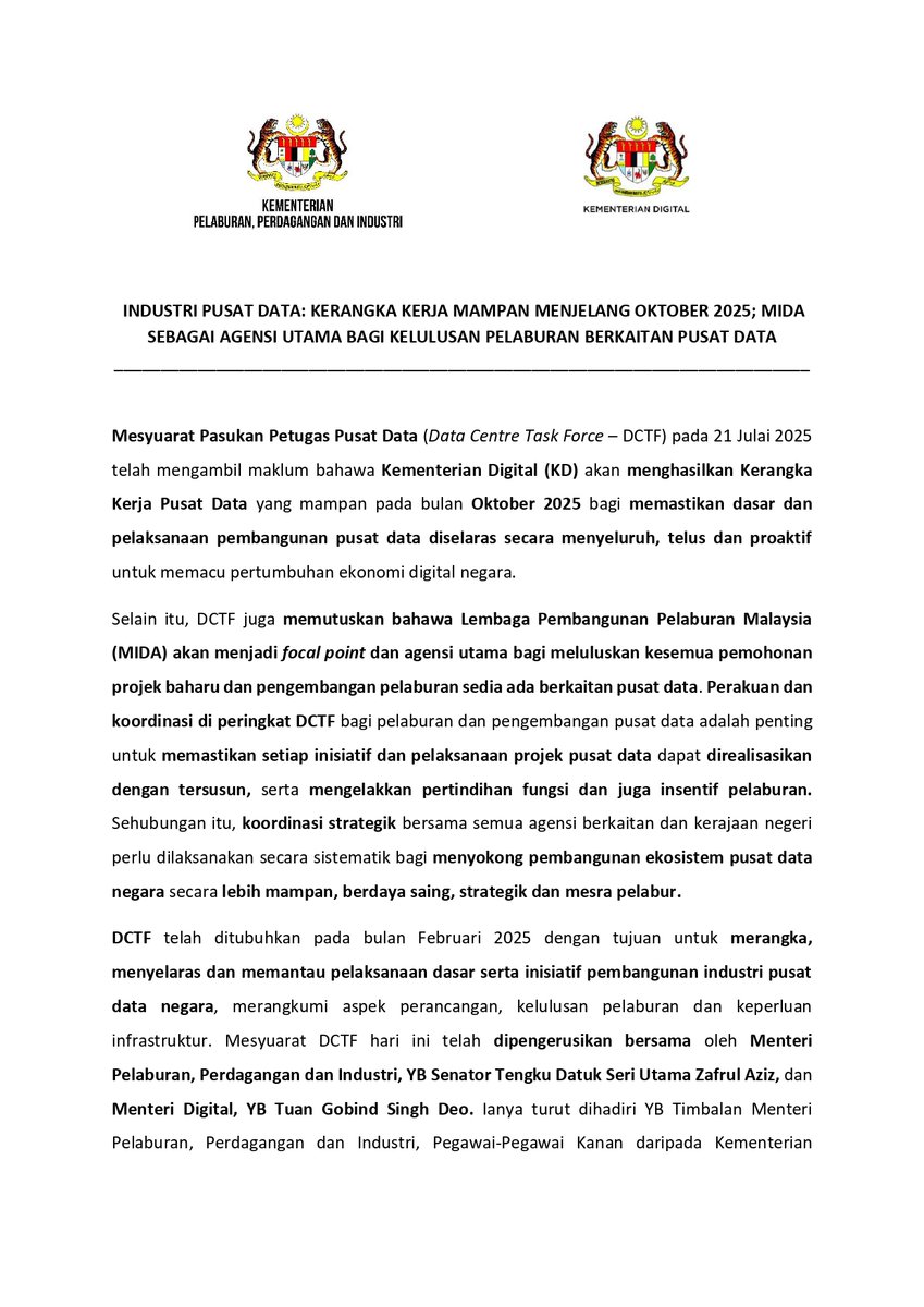 BernamaTV's tweet image. Industri Pusat Data: Kerangka kerja mampan menjelang Oktober 2025; MIDA sebagai agensi utama bagi kelulusan pelaburan berkaitan pusat data.

#digitalbernamatv
#pusatdata
#MIDA
#MITI