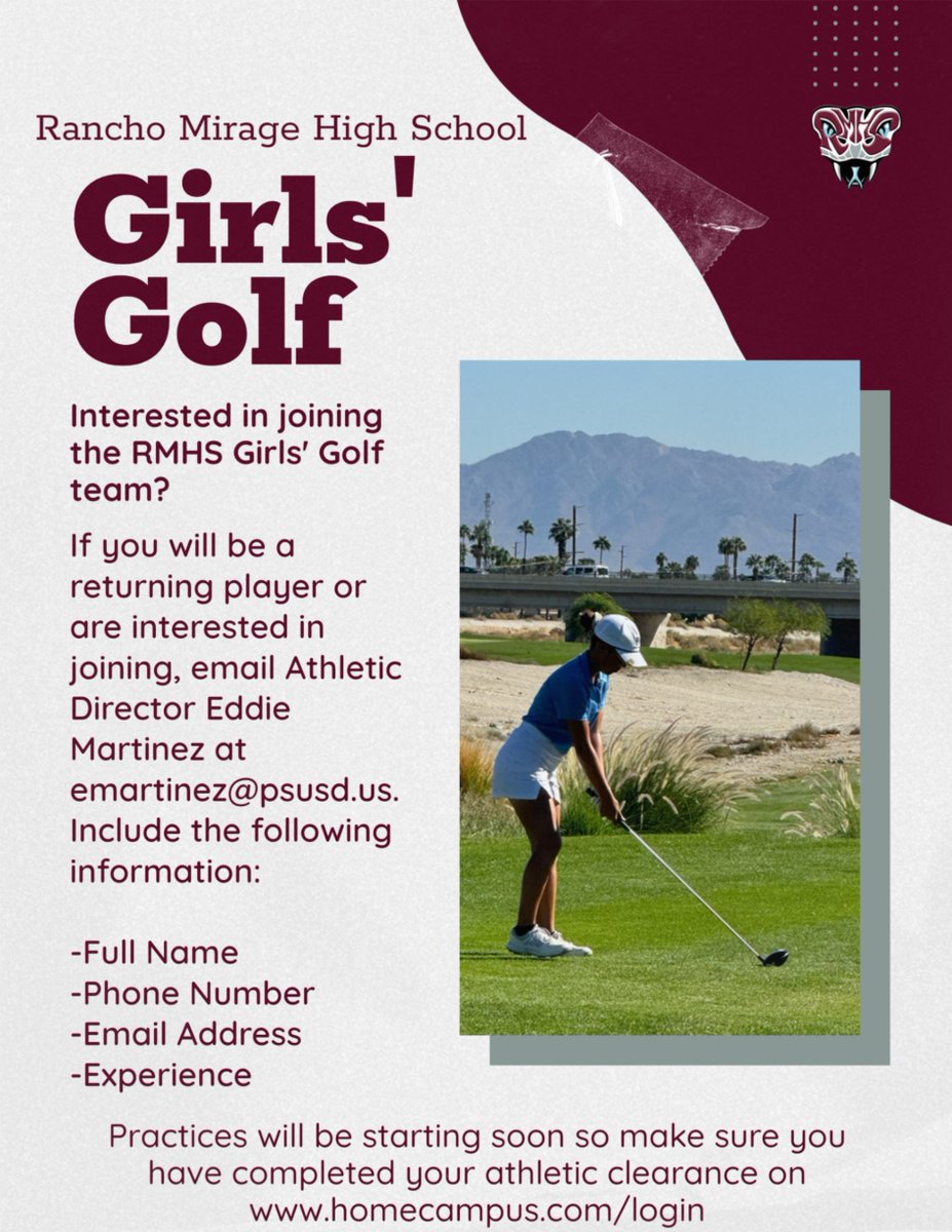 RMHS Athletics (@rmhsad) on Twitter photo If you are interested in joining the Girls' Golf team email RMHS Athletic Director Eddie Martinez at emartinez@psusd.us.
Practices will be starting soon so make sure your athletic clearance is completed on homecampus.com/login If you are interested in joining the Girls' Golf team email RMHS Athletic Director Eddie Martinez at emartinez@psusd.us.
Practices will be starting soon so make sure your athletic clearance is completed on homecampus.com/login