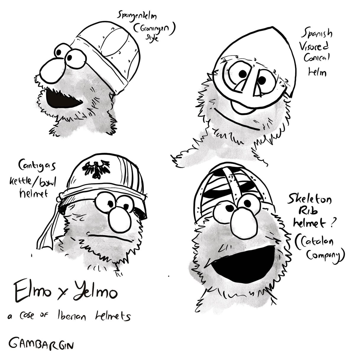 gambargin's tweet image. I realized that the Spanish word for helmet is ‘yelmo’, and it rhymes with Elmo.