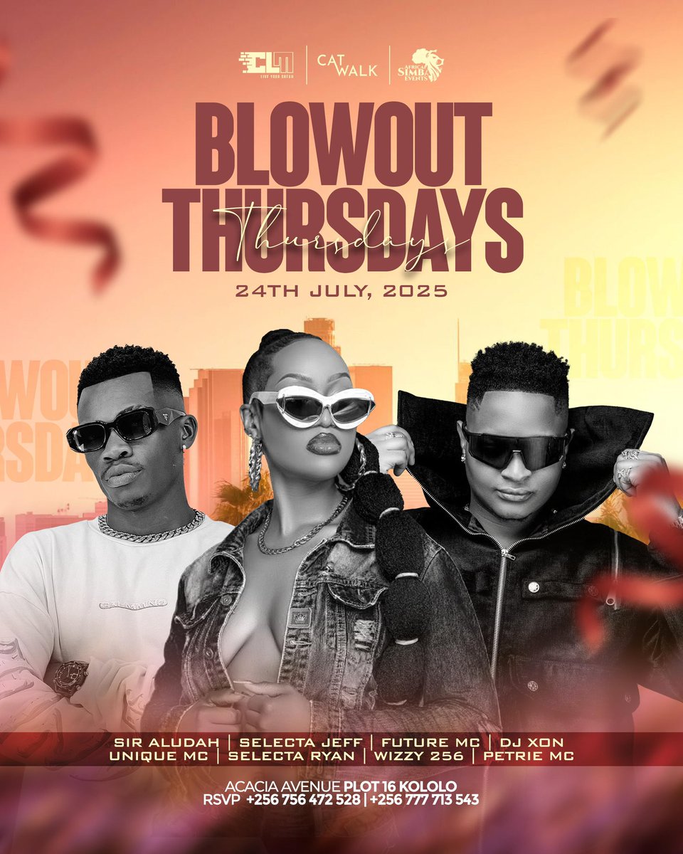 CatwalkKla's tweet image. Bring your friends and let’s make this Thursday one to remember! It’s the BLOWOUT THURSDAY NIGHT start up the weekend in style with @djaludah @djay_xon @deejaywizzy256 @selecta_ryan_updates @selectajef @iampetriemc @life_of_future_mc @uniquemc hosted by @africansimbaevents @clm