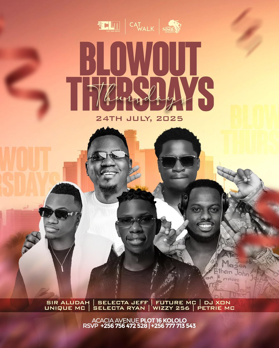 CatwalkKla's tweet image. Bring your friends and let’s make this Thursday one to remember! It’s the BLOWOUT THURSDAY NIGHT start up the weekend in style with @djaludah @djay_xon @deejaywizzy256 @selecta_ryan_updates @selectajef @iampetriemc @life_of_future_mc @uniquemc hosted by @africansimbaevents @clm