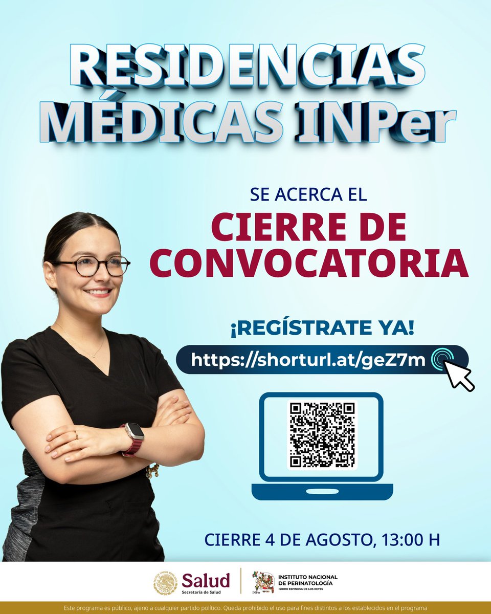RESIDENCIAS MÉDICAS INPer
CONVOCATORIA DE ESPECIALIZACIONES 2025

shorturl.at/geZ7m

Si tu vocación es cuidar el inicio de la vida,
¡Regístrate YA!

#residenciasmédicas #residenciasmédicasINPer #INPer #Perinatología #EspecializacionesINPer