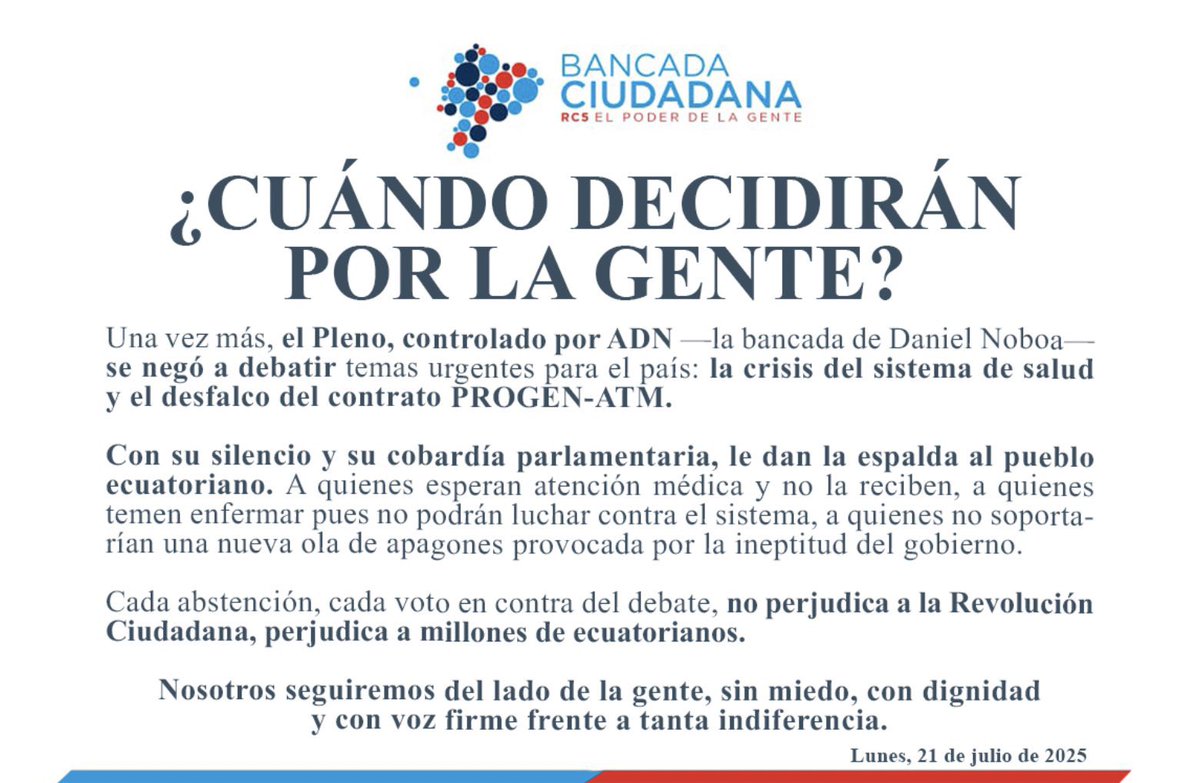 HectorEsRC's tweet photo. El Pleno de la @AsambleaEcuador, dominado por
@Adnecuadorok, se negó a debatir la grave crisis de salud nacional y la corrupción en contratos como #PROGEN y #ATM.
Una vez más, como ya es costumbre, le dan la espalda a la gente.
#SaludSOS #EcuadorEnCrisis https://t.co/1jxzH1tfMf