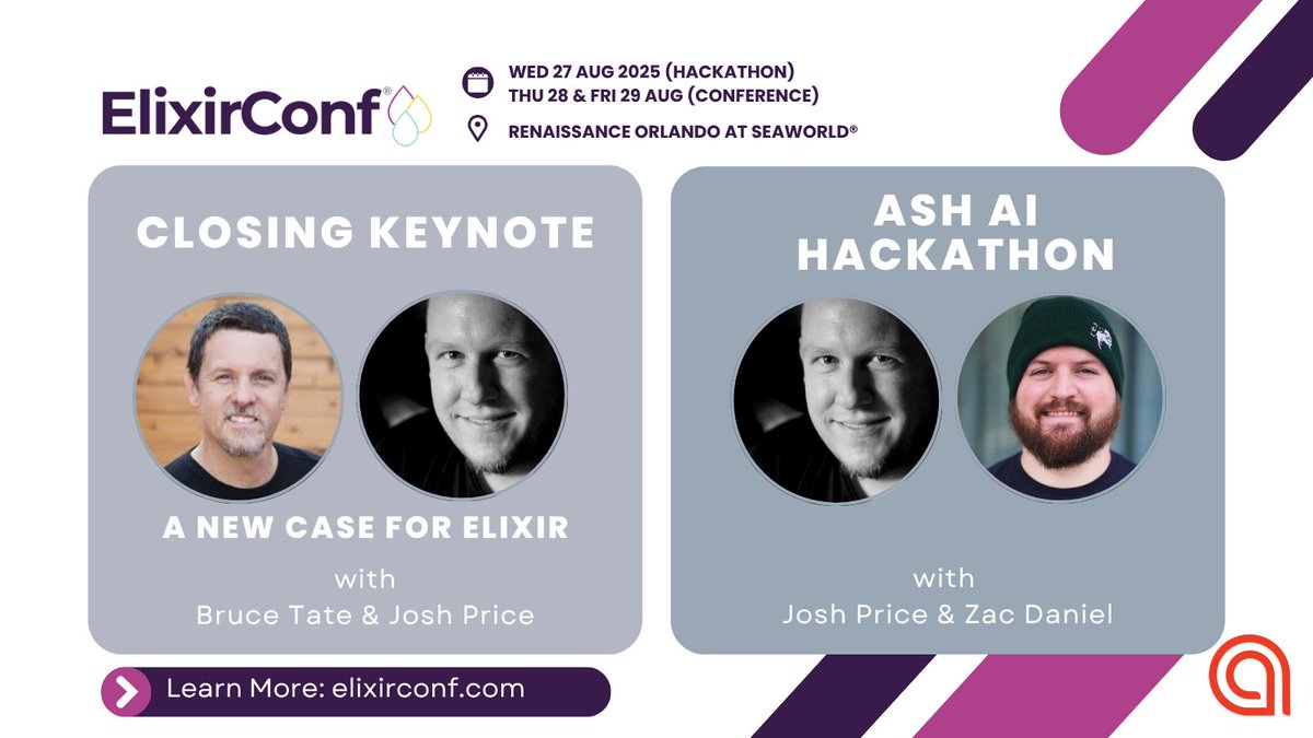 teamalembic's tweet photo. Join @joshcprice & @ZachSDaniel1 at @elixirconf in Orlando, Florida next month. Join their 1-day hands-on #AshAI Hackathon, and watch Josh with @redrapids on stage for the closing conference keynote.
Read more: https://t.co/bvzormjPie https://t.co/Er8WHj7W1I