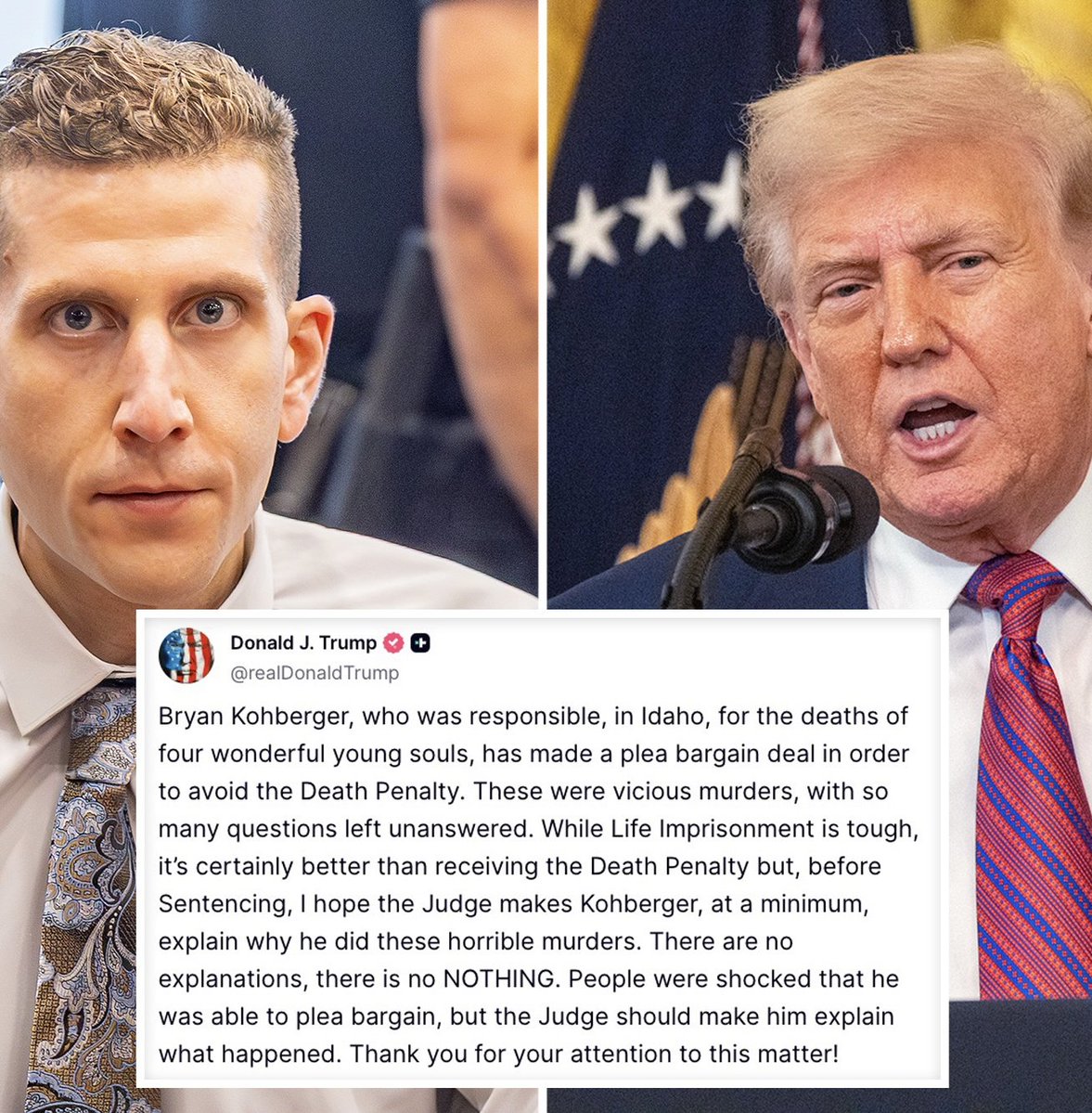 Rosievortwx's tweet image. President Trump making a statement on Bryan Kohberger was not on my bingo card, needless to say I totally agree though. This case is crazy and I have been following it since November 2022, and he should 100% have to speak his motive as part of the plea deal.