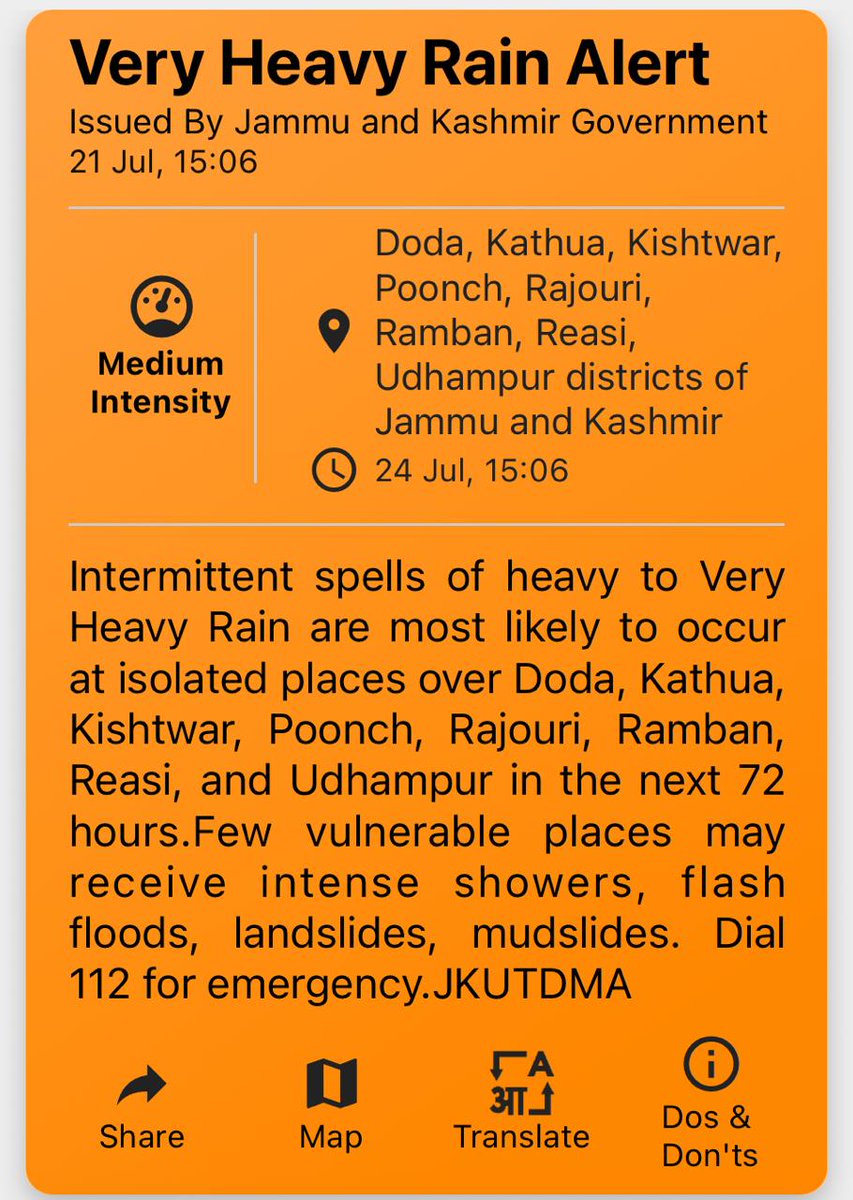 Weather Alert:

District Administration Ramban advises public caution as IMD forecasts heavy to very heavy rainfall in Jammu Division (21–24 July).

Possible risks: Flash floods, Landslides, mudslides, Disruption in transport/services

Avoid risky travel, stay alert, and follow