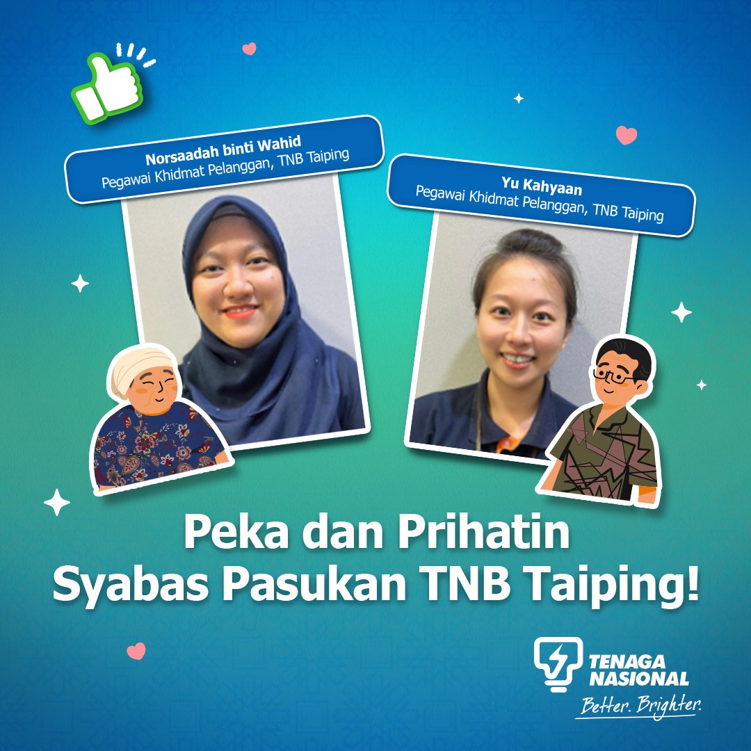 Tenaga_Nasional's tweet photo. "Bukan semua pelanggan mampu hadir ke kaunter, jadi kami hadir di depan pintu mereka”

Di Taiping, dua pegawai khidmat pelanggan TNB menunjukkan erti sebenar keprihatinan dan perkhidmatan “extra mile”.

Yu Kahyaan membantu Encik Md Khainan, seorang warga emas yang uzur dengan penuh perhatian. Manakala Norsaadah binti Wahid mengambil inisiatif mengunjungi Puan Salbiah yang uzur dan menghadapi kesukaran bergerak jauh bagi memudahkan urusan pertukaran nama akaun di kediamannya.

Bagi sesetengah pelanggan, perkara ini mungkin hanya urusan bil tetapi bagi mereka, ianya satu penghargaan yang membawa kelegaan dan keyakinan bahawa mereka tidak dilupakan.

Tindakan penuh empati daripada Yu dan Norsaadah menyerlahkan komitmen pasukan TNB Taiping untuk terus memberi impak positif dalam kehidupan pelanggan.

Syabas dan terima kasih atas usaha cemerlang ini 💙