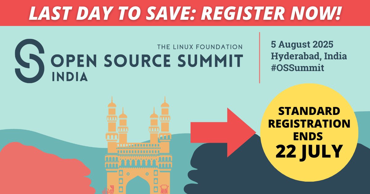 linuxfoundation's tweet image. ⏰ FINAL HOURS! #OSSummit India (5 Aug, Hyderabad) standard pricing ends TONIGHT @ 11:59 PM IST (22 July) 💰 Save $40 USD 🚀 World-class speakers 🤝 Professional networking $ more! Register now: hubs.la/Q03xXY_m0