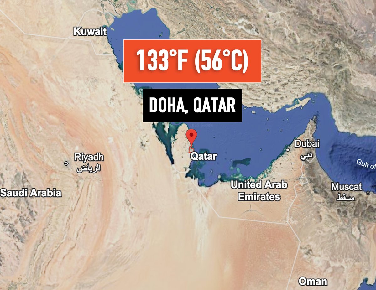 US_Stormwatch's tweet image. This is absolutely absurd.
Doha, Qatar just recorded a heat index of 133°F (56°C) at 1 am local time.
Even the nights do not provide reprieve from the deadly heat and humidity on the Persian Gulf.
This comes just hours after Dubai recorded a 140°F (60°C) heat index.
