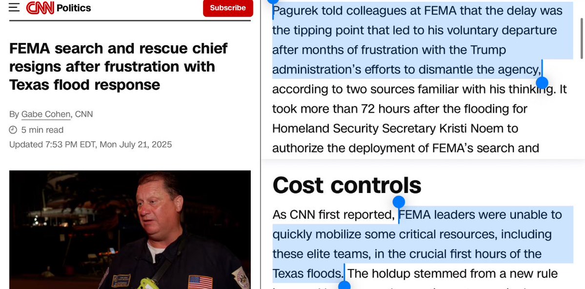 TheTNHoller's tweet image. “FEMA Search & Rescue chief resigns after frustration with the Texas flood response + Trump’s efforts to dismantle the agency… unable to quickly mobilize critical resources in the first hours of the flood…”
cnn.com/2025/07/21/pol…