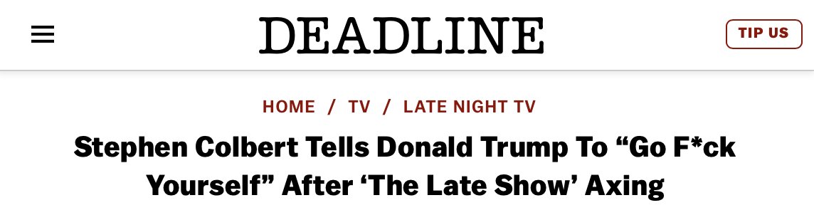 MQSullivan's tweet image. My guess is that if Colbert's show was hitting ratings and cash marks, CBS wouldn't have axed it...
Late-night TV shows used to be a place for America to wind down with a laugh, then it became occupied by self-righteous clowns. Now it is a dead zone of entitled lefties.