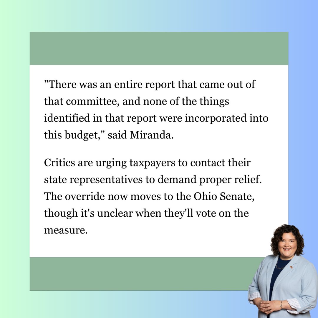 JessicaEMiranda's tweet image. Let’s be clear: The GOP has controlled Ohio for 30 years.
They rigged the tax code to favor the wealthy, gutted funding for schools and local services, including Police and Fire and now feign surprise when property taxes rise.
Then they override a veto and call it a “fix”?…