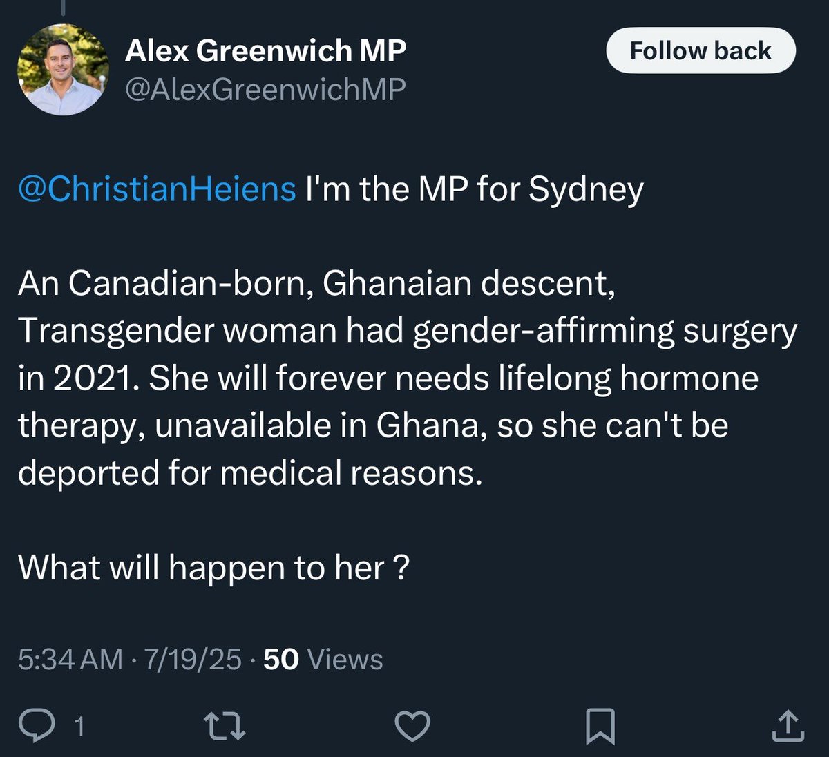 ChristianHeiens's tweet image. This is a real post that a real Australian politician wrote to me.