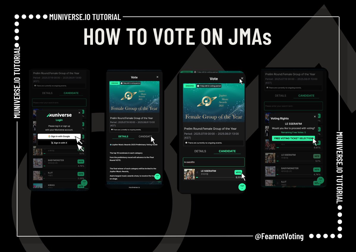 FearnotVoting's tweet image. [JMAs 2025]

FEARNOTs! For the Jupiter Music Awards 2025, we are focusing on the “Female Group of the Year” category.

Our main voting apps are:
• Mubeat
• Picnic
• Fancast

🎯Top10

🗳️: muniverse.io

⌛️ Voting Ends: 2025.08.01 at 13:00 KST

#르세라핌 #LE_SSERAFIM