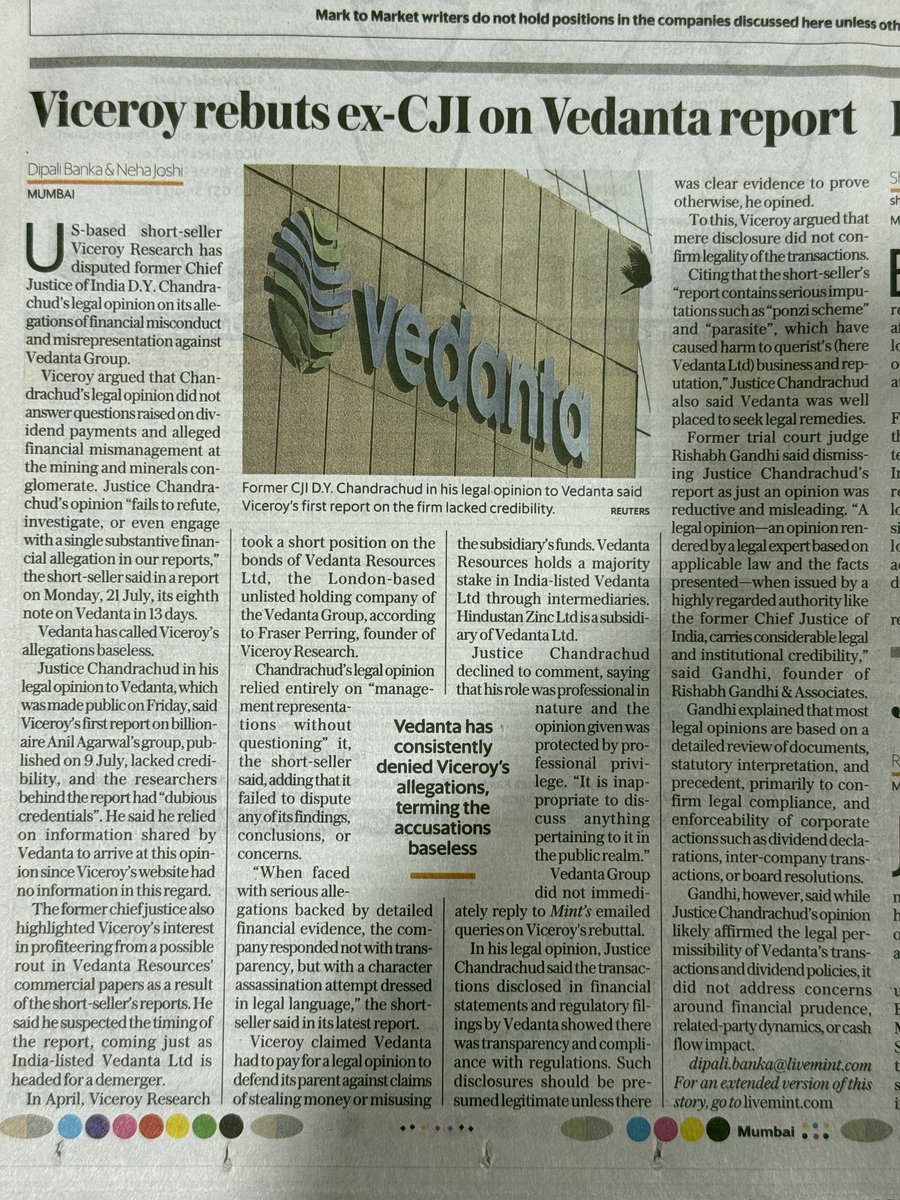 pbhushan1's tweet image. Former CJI Chandrachud has now started selling whatever clout he has to crooked companies like Vedanta, which has been exposed by Viceroy. As CJI, he gave a clean chit to Adani in the Hindenburg matter.
Disgraceful!