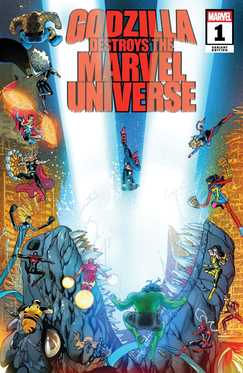 HabisNontonFilm's tweet image. Komik baru Marvel: GODZILLA DESTROYS THE MARVEL UNIVERSE. Ada Wolverine-Zilla 😂