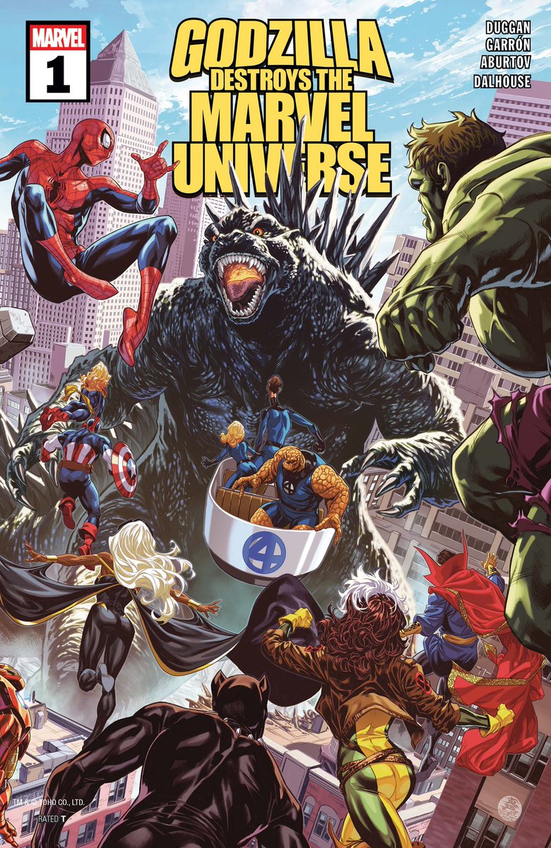 HabisNontonFilm's tweet image. Komik baru Marvel: GODZILLA DESTROYS THE MARVEL UNIVERSE. Ada Wolverine-Zilla 😂