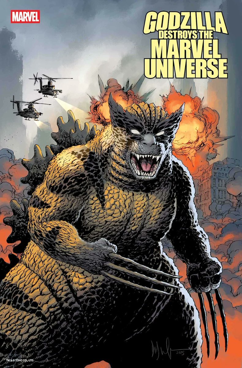 HabisNontonFilm's tweet image. Komik baru Marvel: GODZILLA DESTROYS THE MARVEL UNIVERSE. Ada Wolverine-Zilla 😂