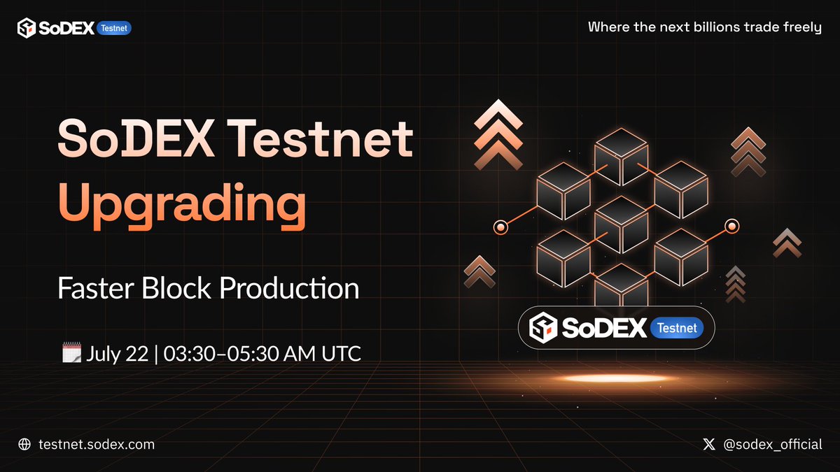🚧 SoDEX Testnet Upgrade – July 22, 2025
We're rolling out an upgrade to boost network performance and enhance your trading experience.

⏳ Downtime: ~2 hours
Testnet will be paused during the upgrade

Go touch some grass 🌱 (or try the mini game 👾) while we level up.

Thanks