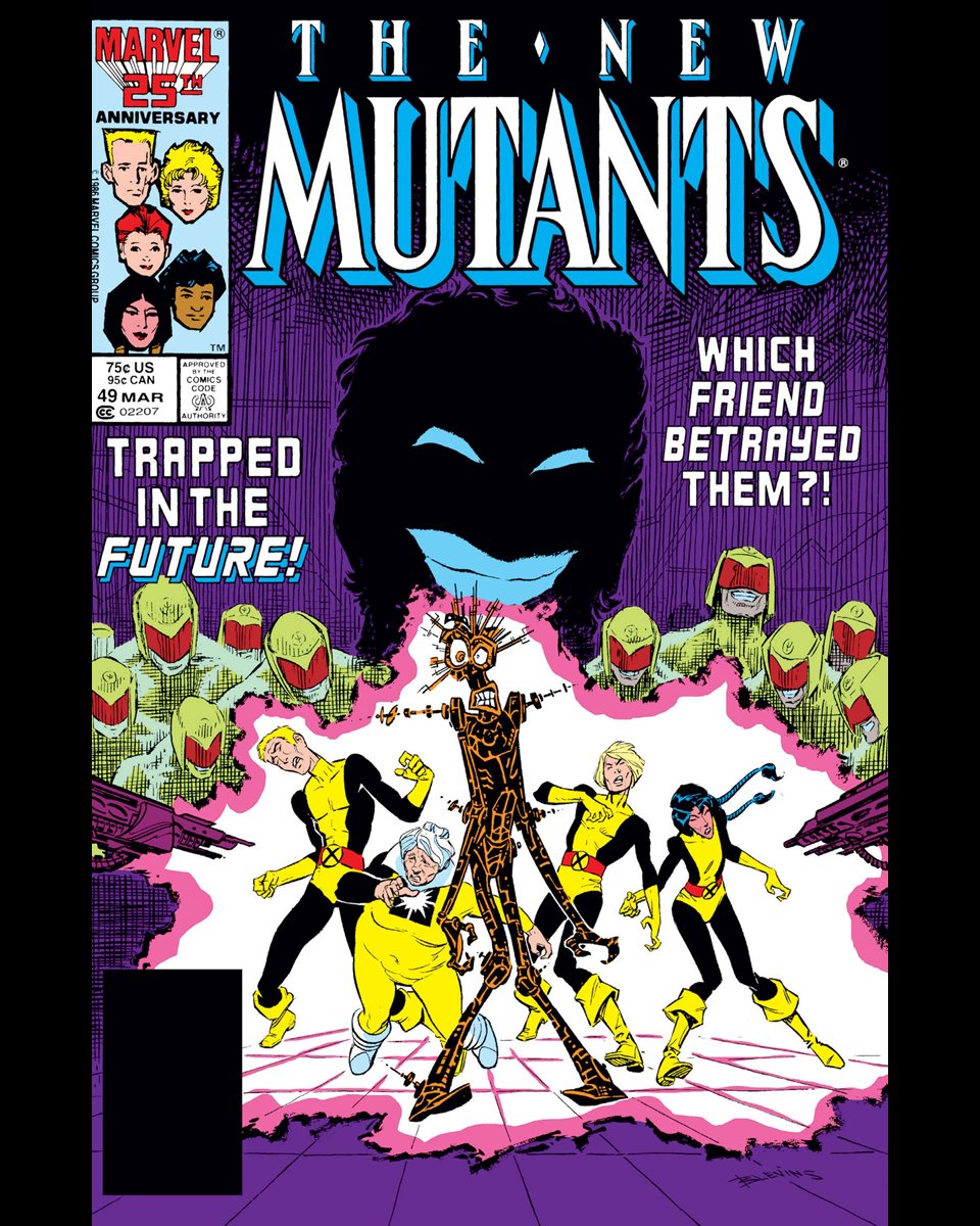 ClassicXMen's tweet image. New Mutants #49 cover dated March 1987.
Cannonball, Warlock, Cypher and Mirage make shocking discoveries when they run into Katie Powers of the future.