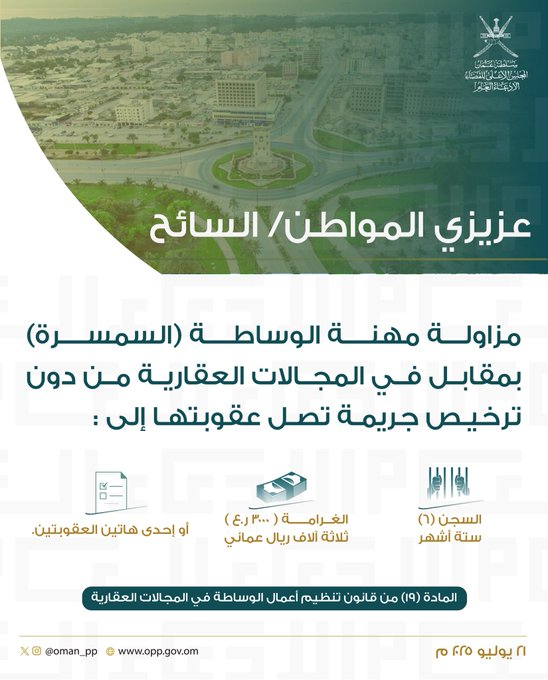 رسالة توعوية في الجانب القانوني موجه للسماسرة 

ممارسة نشاط السمسرة بدون ترخيص يعد #جريمة تصل عقوبتها إلى 
السجن (6) أشهر
والغرامة (3000) ريال عماني
أو أحد هاتين العقوبتين.

تجريم السمسرة بدون ترخيص هو إجراء ضروري لحماية الثقة في السوق، وضمان الشفافية، ومنع التجاوزات، سواء في