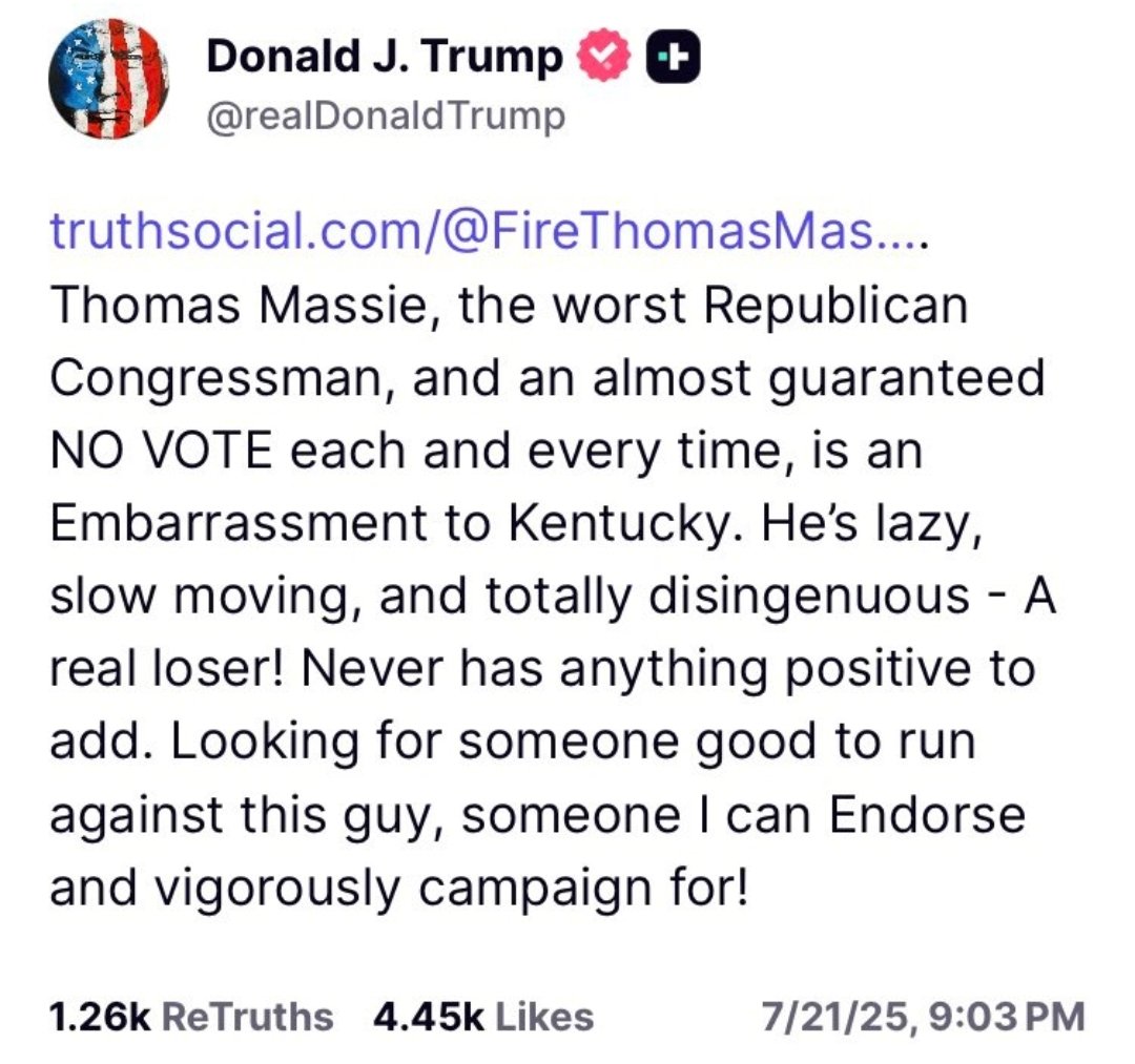 Red_Pill_US's tweet image. Am I the only one who thinks it’s a terrible look for Trump to be posting hateful rhetoric about Thomas Massie?
Massie is leading a bipartisan effort to release the Epstein files, while Trump is actively working against it.
People have eyes to see.
@RepThomasMassie