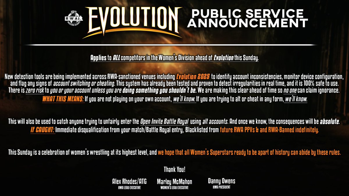 [IF YOU ARE BOOKED AT EVOLUTION, PLEASE READ 🚨]

Statement from <a href="/MarleyMcMahonRW/">Marley McMahon</a> ahead of Evolution this Sunday
