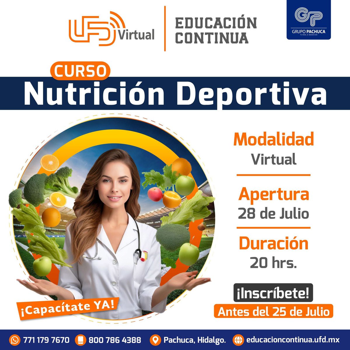 ¡Transforma tu pasión por el deporte con la nutrición adecuada! 🥗

📲 ¡Obtén más información por WhatsApp!
🗓️ Inicio: 28 de Julio 2025.
⏰ Duración: 20 hrs.
📍 Modalidad: Virtual.