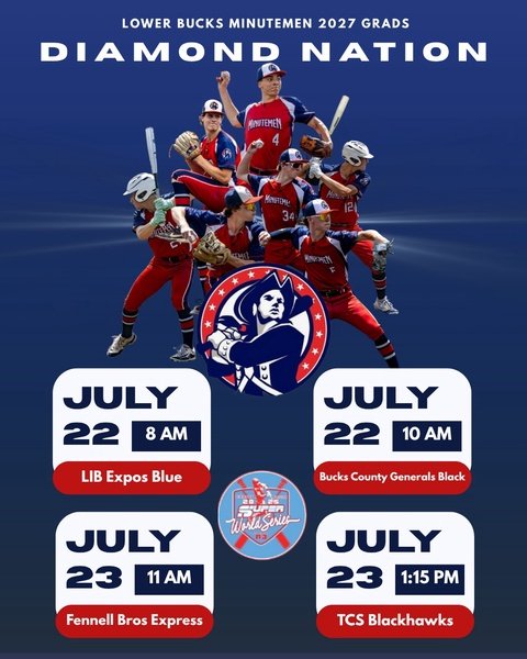 After a big week in Boston, our team is excited to get after it at <a href="/DiamondNationNJ/">Diamond Nation</a> Super World Series this week. 2 games Tuesday and 2 on Wednesday!
<a href="/LB_Minutemen/">Lower Bucks Minutemen</a> 
<a href="/PSBaseballScout/">Prospect Select Scout</a> 
<a href="/PrepBaseballPA/">Prep Baseball Pennsylvania</a>