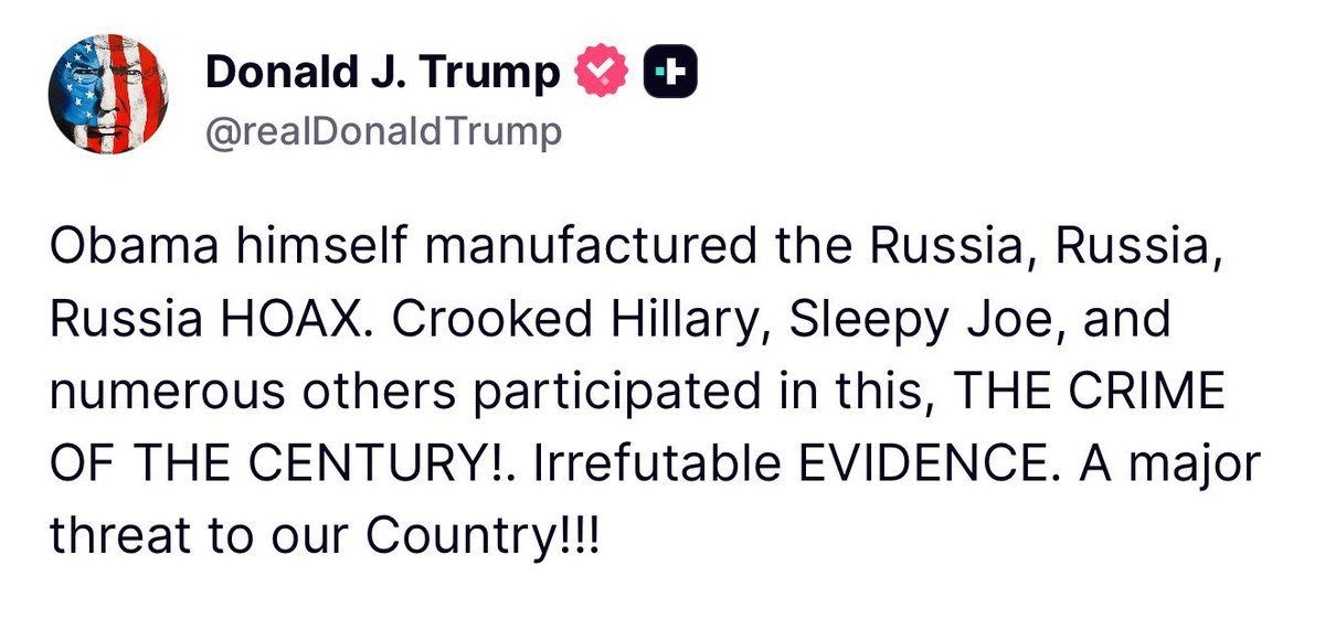 cryptoHolder09's tweet image. 🚨BREAKING: Trump claims Obama masterminded the “Russia Hoax” with Hillary, Biden & others.
Calls it “The Crime of the Century” with irrefutable proof.
#The_Crime_of_the_Century| Trump vs Obama | Hunter Biden | Deep State |