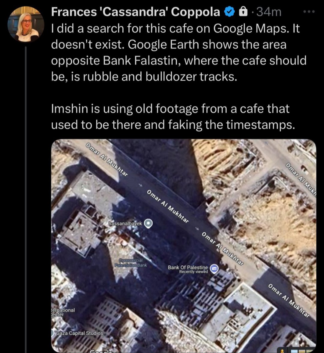 imshin's tweet image. This lady provides a cropped photo to "prove" that a restaurant I shared does not exist. Of course, as every Gazan knows, this is al-Jundi al-Majhool Square which never had buildings on it. It was a park. The restaurant is on the other side of Omar al-Mukhtar Street, which runsโฆ