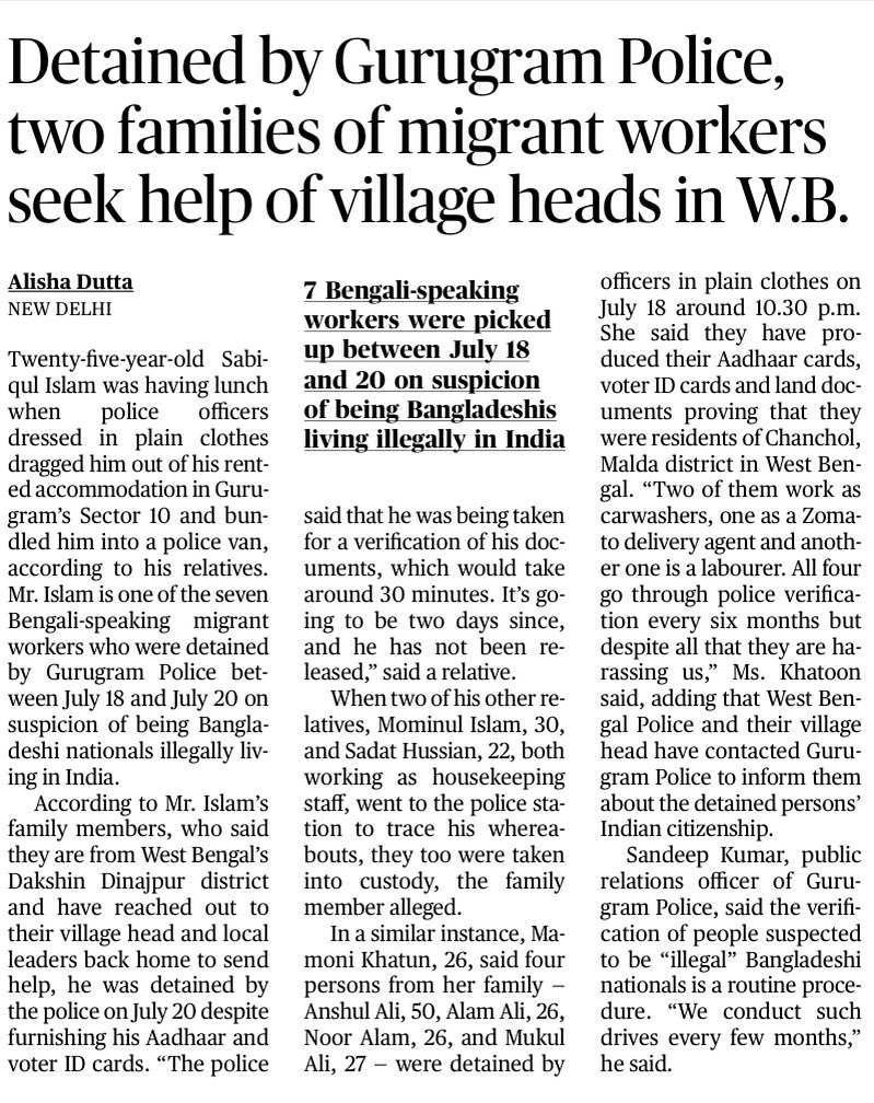 AlishaDutta_AD's tweet image. 7 Bengali Muslim men hailing from West Bengal, detained by Gurugram Police on the suspicion of being “illegal” Bangladeshi immigrants. One family alleged that two people who went to the police station to visit a detainee were also detained.
✍🏻 @the_hindu