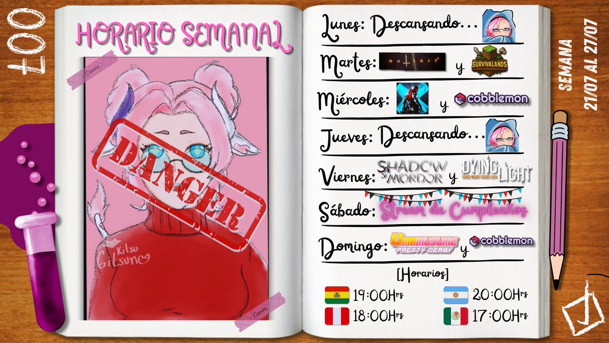 LeinadAlterVT's tweet image. ⟣╍╍╍╍╍🐮📆【𝓗𝓞𝓡𝓐𝓡𝓘𝓞 𝓢𝓔𝓜𝓐𝓝𝓐𝓛】📆🐮╍╍╍╍╍⟢
Aquí está nuestro horario especial de la semana, con la temática de una semana relajada continuando juegos de historia.
Y el sábado haremos un Stream especial ¡de más de 8hrs!✨