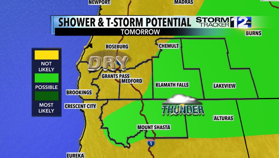 matthoffmanwx's tweet image. Tomorrow will be warmer and more seasonal. The Rogues are back home tomorrow, and the forecast looks great! While we'll stay dry in the Rogue Valley, isolated thunderstorms are possible along and east of the Cascades and down in N. California tomorrow afternoon/evening.