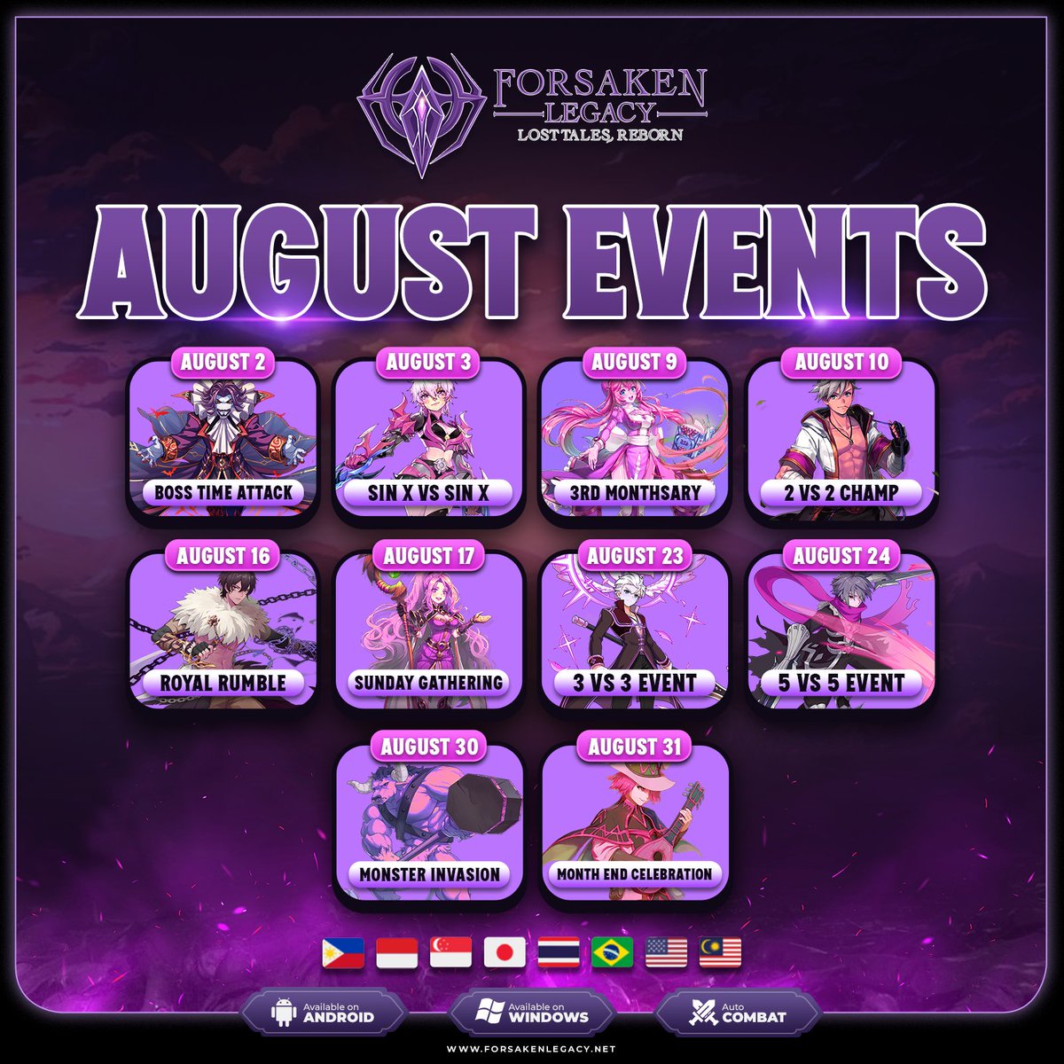 Forsaken_RO's tweet photo. 🔥AUGUST 2025 Events are here!🔥

Get ready for another month of jam-packed events this coming August 2025 🎉
Awesome rewards awaits you! 🎁

Join us now 🔥
🎮 Website: https://t.co/sXaAJhzub6
💬 Discord: https://t.co/57gOp1Ib6a
📖 Wiki: https://t.co/aNSTlnFRJr

#ForsakenLegacy #AugustEvents #AutoCombat #MobileMMO #PCGaming