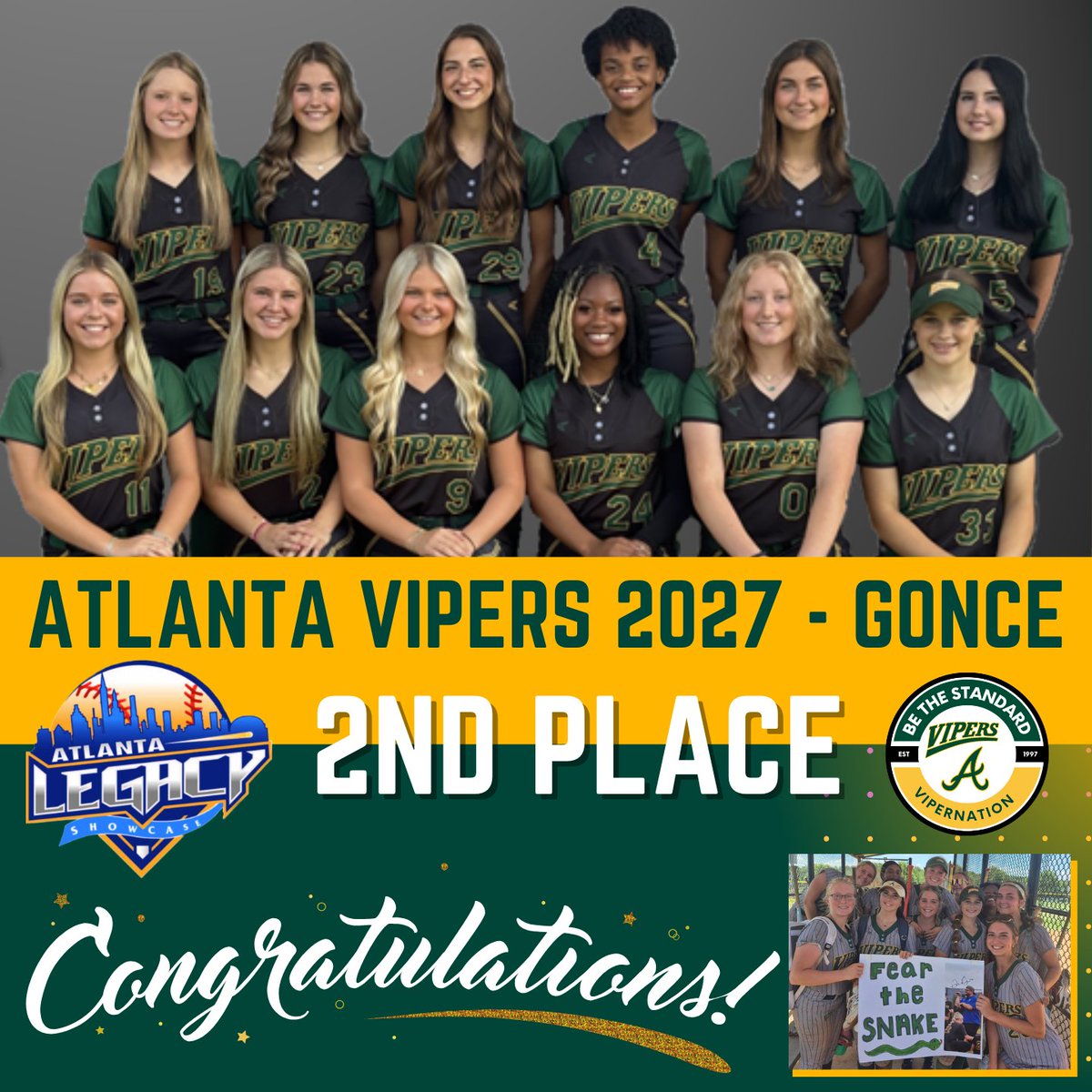 Atlanta Vipers Fastpitch (@thevipernation) on Twitter photo Congrats to Atlanta Vipers '09 – Gonce on an amazing run at the Atlanta Legacy Showcase! Finished 2nd out of 64 teams, dropping just 1 game all weekend. This squad has been turning heads all season. Keep making noise ladies! #ViperNation #BeTheStandard
<a href="/VipersGonce/">Atlanta Vipers '09-Gonce</a> Congrats to Atlanta Vipers '09 – Gonce on an amazing run at the Atlanta Legacy Showcase! Finished 2nd out of 64 teams, dropping just 1 game all weekend. This squad has been turning heads all season. Keep making noise ladies! #ViperNation #BeTheStandard
<a href="/VipersGonce/">Atlanta Vipers '09-Gonce</a>