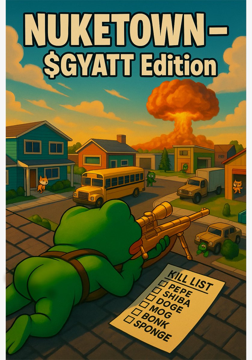 CryptoJomey's tweet image. 🚨 NUKETOWN — $GYATT Edition 🚨
Mushroom clouds. Golden snipes. No memecoin is safe.
👀 $GYATT has the scope… and a kill list with names like:
☑️ $PEPE ☑️ $SHIBA ☑️ $DOGE
☑️ $MOG ☑️ $BONK ☑️ $SPONGE

One shot. One chart. One generational bottom.
🧨 Welcome to the Gyattocalypse…