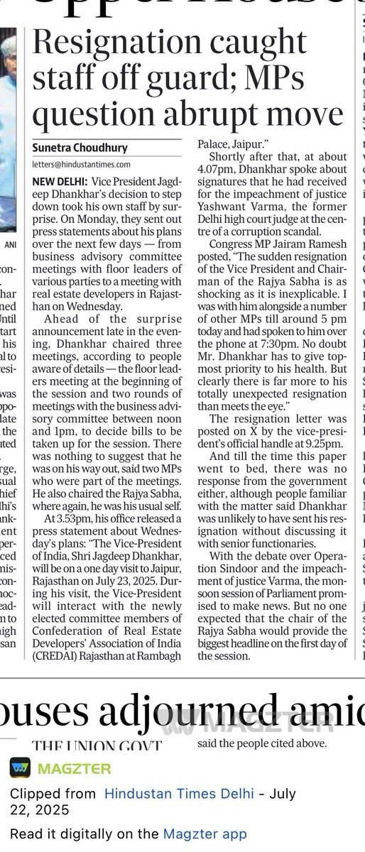 sunetrac's tweet image. VP Dhankar presided over the house and 3 meetings on Monday. His office had planned for the rest of the week. He gave his last speech on the impeachment for Justice Verma and justice yadav and then came the shocking resignation.
hindustantimes.com/india-news/vps…