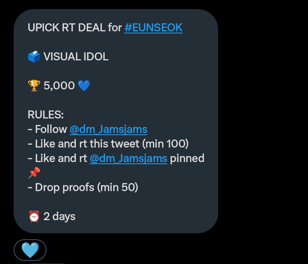 SES_Updates's tweet image. UPICK RT DEAL for #EUNSEOK 

🗳 VISUAL IDOL

🏆 5,000 💙  

RULES:
- Follow @dm_Jamsjams  
- Like and rt this tweet (min 100) 
- Like and rt @dm_Jamsjams pinned 📌 
- Drop proofs (min 50)  

⏰️ 2 days