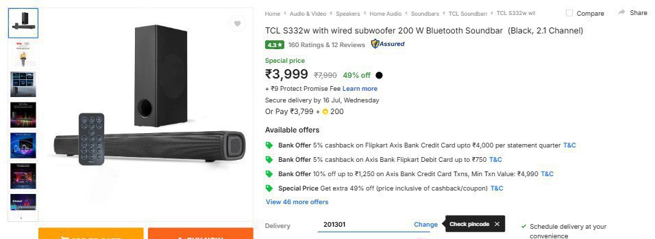 dealsnetoffer's tweet image. #Ad 
TCL S332w with wired subwoofer 200 W Bluetooth Soundbar(Black, 2.1 .. 
Deal Price:3999 Rs. ✅ 
Discount:48% Off

fkrt.cc/gcfBwme 

 #FlipkartDeals
 
#TCLSoundbar #SubwooferDeals