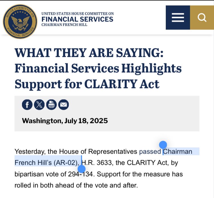 markchadwickx's tweet image. 🔥 RUMOR: $HBAR working with Central Bank on US Digital Dollar now that Rep. French Hill’s CLARITY Act has passed.
Context: In 2021, Rep. French Hill questioned if Hedera was behind the digital dollar.
Now, in 2025, he’s the one passing the bill that could make it possible.…